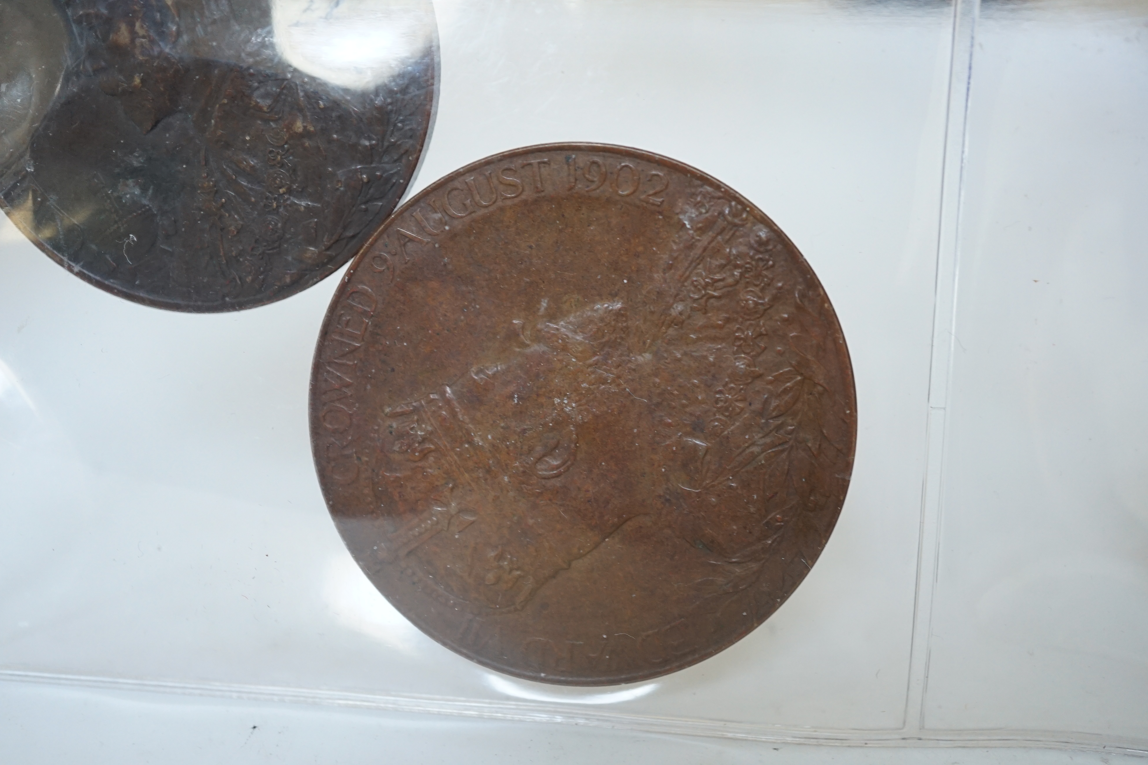 British Royal commemorative medals, Edward VII and Alexandra Queen Consort coronation silver medal 1902, about EF, ditto in bronze, toned EF, Victoria Diamond Jubilee bronze medal, EF and George V and Queen Mary coronati